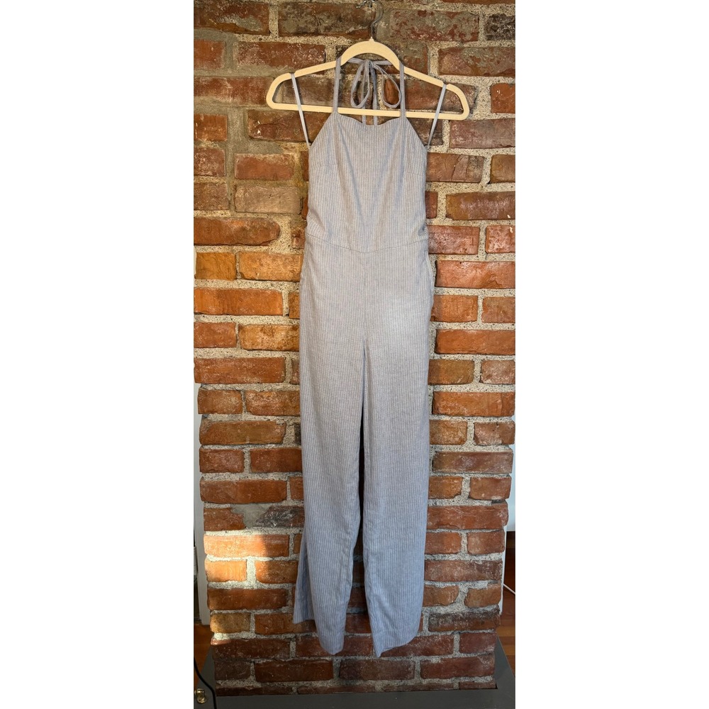 Club Monaco Gray Striped Halter Jumpsuit Size 00 Linen Blend